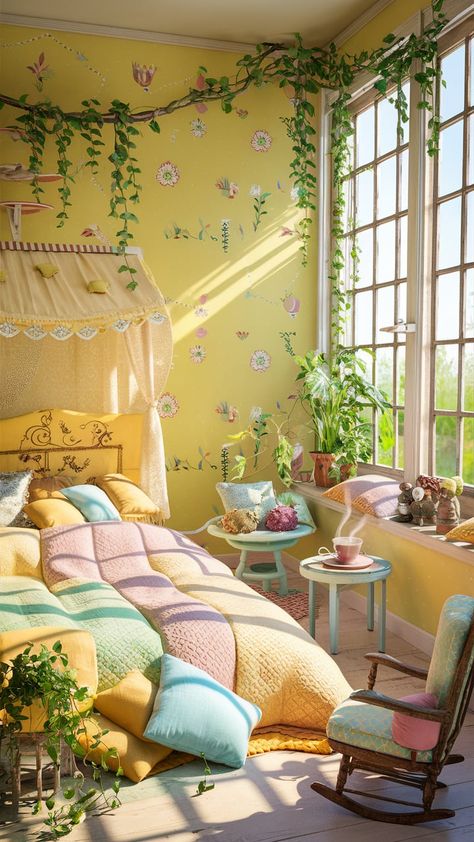 Discover the cozy allure of a whimsical interior, featuring delightful yellow wallpaper adorned with floral patterns and geometric shapes. Sunlight filters through vintage windows, illuminating a plush bed with pastel quilts. Adorned with potted plants and a vintage rocking chair, this cheerful space radiates warmth, making it the perfect retreat for relaxation. #InteriorDecor #CozyHome #YellowWallpaper #HomeDesign #VintageStyle Pastel Yellow Bedroom, Pastel Quilts, Whimsical Interior, Whimsical Room, Bedroom Illustration, Bright Bedroom, Vintage Rocking Chair, Plush Bed, Yellow Bedroom