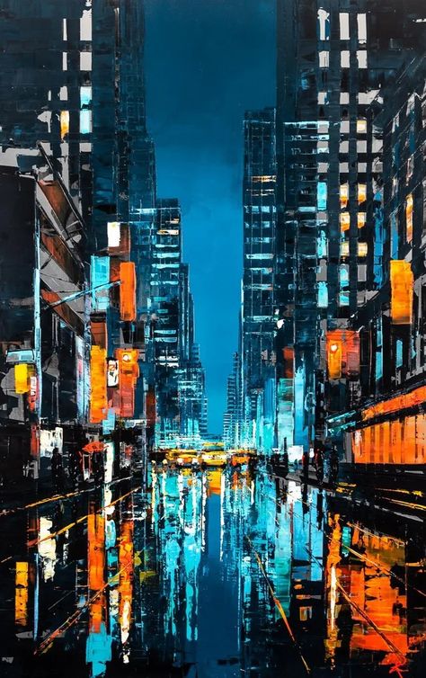 Paul Kenton, City Scape Painting, Cityscape Paintings, New York Painting, Andermatt, Canvas For Beginners, Blue Lights, Abstract City, City Painting