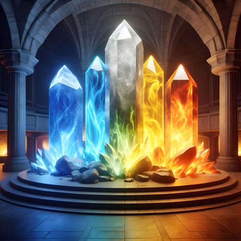 Elemental Temple Beauty 🌟🏯 Discover a stunning graphic of a temple adorned with colorful crystals representing the four elements. Perfect for adding a mystical and serene touch to your space. Embrace the harmony of nature and art! #ElementalArt #TempleGraphic #MysticalDesign Crystal Elemental, 5 Elements Of Nature, The Elements, Elements Aesthetic, Soul Gem, Fantasy Place, Fantasy Journal, Element Chart, The 4 Elements