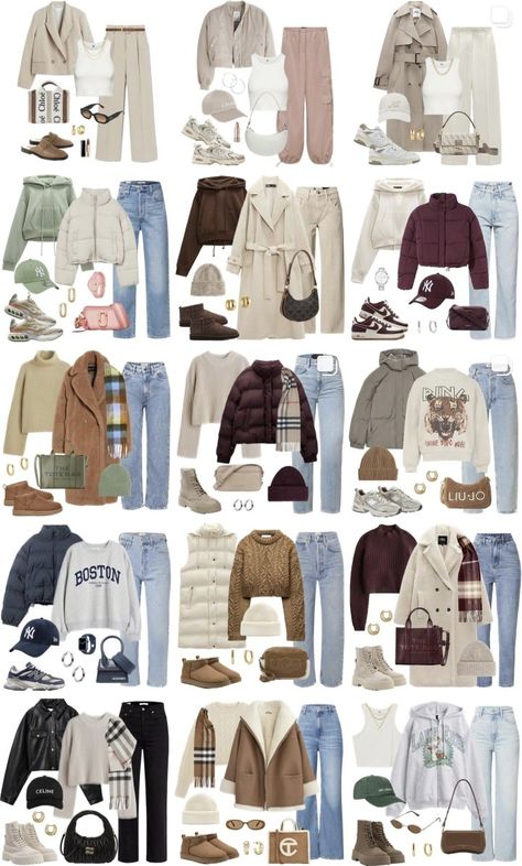 cozy and chic fall and winter outfits. Neutrals soft tones dominate, including beige blazers, cream puffer jackets, taupe trench coats paired with basics like white tops, cargo pants, jeans. Accessories like beanies, scarves, crossbody bags add warmth style.There are sporty elements with caps and sneakers, relaxed vibes with oversized sweatshirts and cardigans. Footwear includes boots, loafers, UGGs, enhancing each look's casual elegance. Shades of brown, green, burgundy enrich the palette. Beige Pants Outfit Fall, Burgundy Puffer Jacket Outfit, Cargo Jeans Outfit Winter, Beige Cargo Pants Outfit Winter, Cream Sweatshirt Outfit, Beige Cap Outfit, Cream Puffer Jacket Outfit, Beige Puffer Jacket Outfit, Cargo Pants Winter Outfit