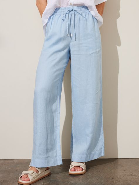 Light Blue Linen Pants, Light Blue Linen Pants Outfit, Blue Linen Outfit, Blue Linen Trousers Outfit, Blue Summer Trousers, Powder Blue Pants Outfit, Elegant Blue Linen Pants, Blue Linen Wide Leg Bottoms, Classic Blue Linen Pants