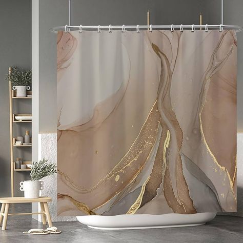 Shower Stall Curtain Ideas, Gold And Cream Bathroom, Bathroom Decor Shower Curtains, Taupe Bathroom, Marble Shower Curtain, Gold Shower Curtain, Curtains For Bathroom, Bathroom Towel Decor, Gray Shower Curtains