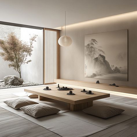 Embrace the peace and simplicity of a Zen-inspired living room. This minimalist space features natural elements like bamboo and a small indoor rock garden, perfect for creating a tranquil home environment. #ZenLiving #MinimalistDecor #AsianStyle #HomeDesign Zen Asian Interior Design, Zen Art Studio, Wabi Sabi Style Living Room, Asian Minimalist Home, Japanese Zen Room, Asian Living Room Decor, Zen Office Space, Room Design Minimalist, Zen Style Interior