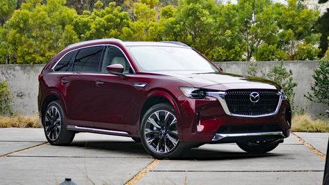 2024 Mazda CX-90 three-row SUV revealed with Mazda's new rear-drive-biased platform, plug-in hybrid powertrain and inline-six engine options. 2024 Mazda Cx90, Mazda Cx 90 2023, Mazda Cx90 2023, Mazda Cx90, Mom Cars, Mazda Suv, Mom Mobile, Luxury Cars Range Rover, Family Suv