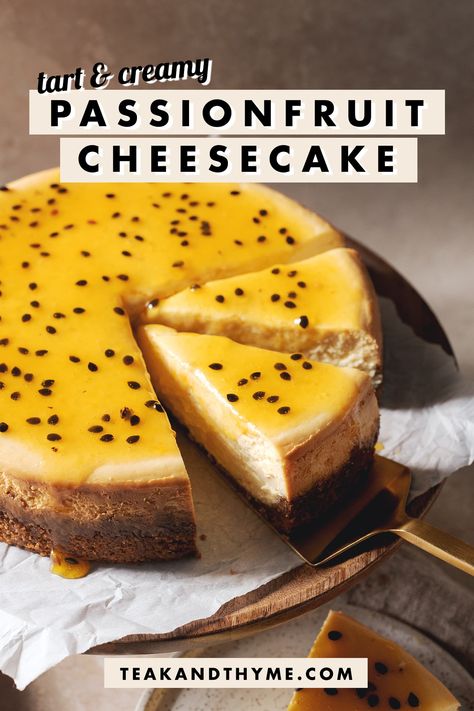 Super creamy baked passionfruit cheesecake with a spiced Lotus biscuit crust. It’s decadent and so insanely good! #passionfruit #cheesecake | teakandthyme.com Gingerbread Sandwich Cookies, Passion Fruit Cheesecake, Passionfruit Cheesecake, Lotus Biscuits, Fruit Cheesecake, Sponge Cake Filling, Cream Cheese Buttercream, Dessert Aux Fruits, Buttercream Filling