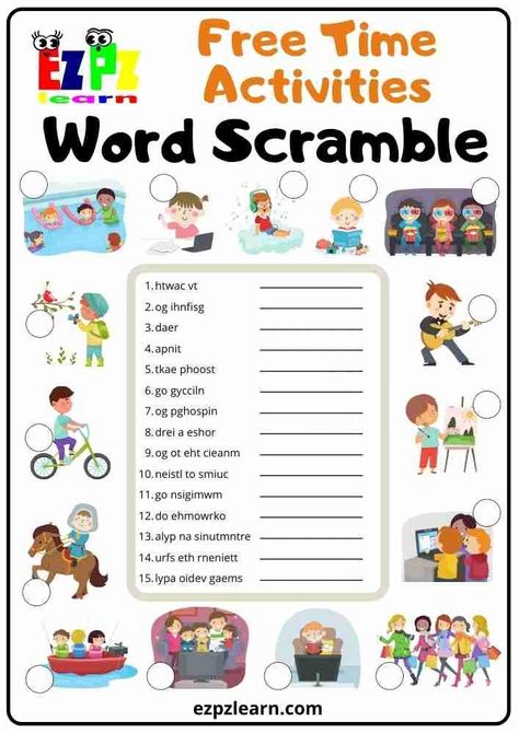 Free Printable English Game Word Scramble Topic Freetime Activities For Kids English Learners English Games For Kids, Jumbled Words, Freetime Activities, Scramble Words, Free Time Activities, English Games, English Worksheets For Kids, Kids English, Fun Christmas Crafts