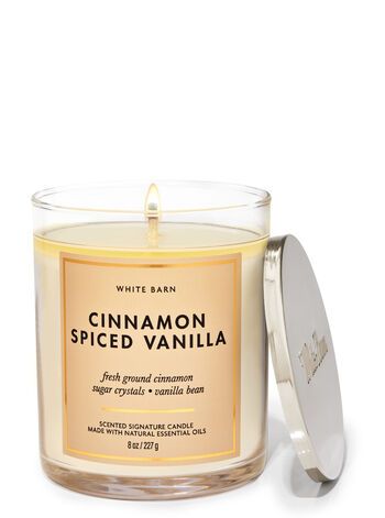 Cinnamon Spiced Vanilla Signature Single Wick Candle - White Barn | Bath & Body Works Pound Cake With Strawberries, Vanilla Candle, Candle Branding, Sugar Crystals, Bath Candles, Cinnamon Spice, Best Fragrances, Small Candles, White Barn