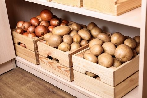 Where To Store Potatoes, Storing Onions And Potatoes, Potato Storage Bin, Root Cellar Storage, Potato And Onion Bin, Storing Onions, Potato Basket, Potato Bin, Onion Storage