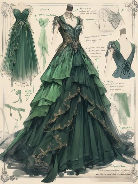 Fae Queen Dress, Goth Honeymoon, Dark Green Dress Aesthetic, Butterfly Ball Gown, Cottagecore Gown, Grand Dresses, Royalty Outfits, Creative Dresses, Magical Dress