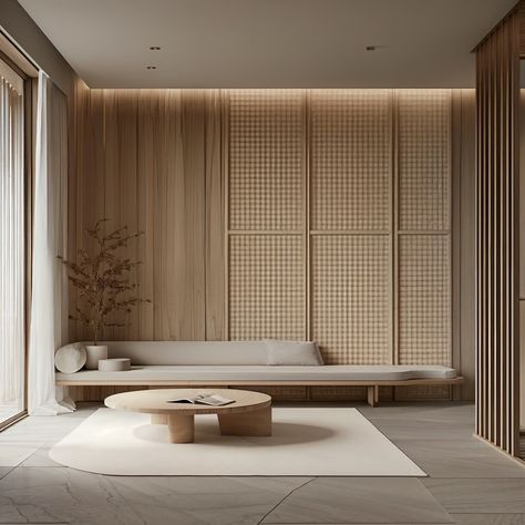 “In a world full of noise, Japandi style offers a visual whisper, serene and unobtrusive.” The spaces are characterised by a serene and unobtrusive aesthetic, featuring natural wood tones, clean lines, and a muted colour palette. Furniture pieces are low-profile and built-in, enhancing the sense of simplicity and flow. Light is softly diffused through woven panels, creating a warm and inviting atmosphere. The design emphasise calmness and order, making each room feel like a tranquil retreat ... Green Aesthetic Furniture, Lounge Lighting Ceiling, Japan Style Interior, Japan Living Room, Zen Interior Design, Japan House Design, Neoclassical Interior Design, Japandi Furniture, Palette Furniture