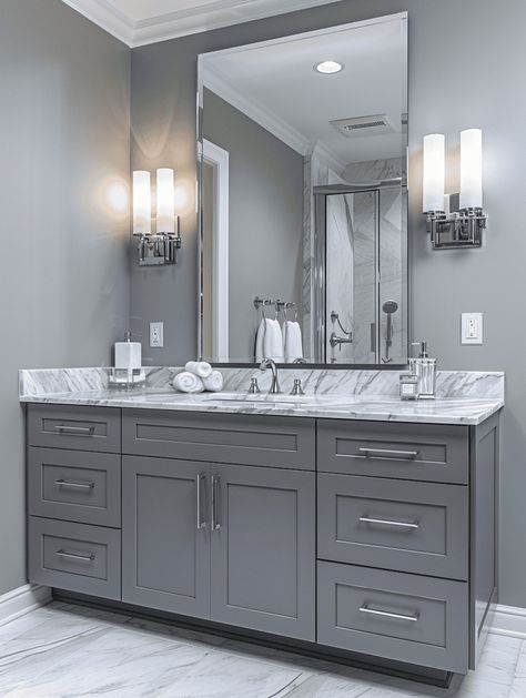 What Color Vanity Goes With Grey Walls? Light Grey Walls Bathroom Ideas, Gray Paint Bathroom Ideas, Gray Cabinet Bathroom Ideas, Grey Paint For Bathroom, Gray Paint Bathroom, Light Grey Bathroom Cabinets, Light Grey Vanity Bathroom, Bathroom With Grey Walls, Guest Bathroom Vanity Ideas