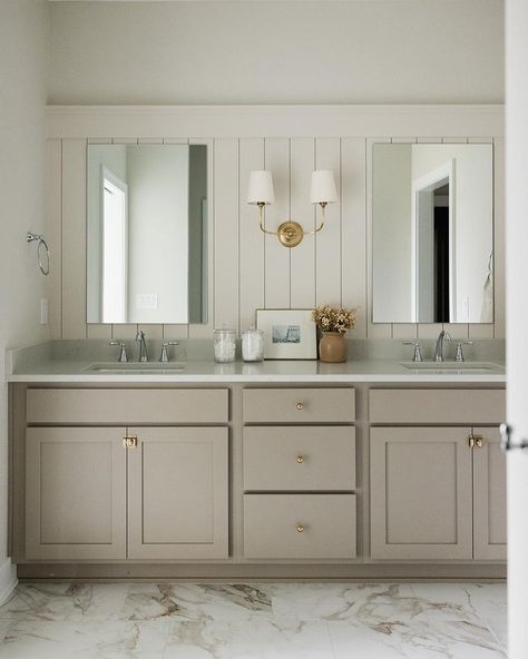 Taupe Grey Bathroom, Off White Cabinets Bathroom, Gray Cabinets In Bathroom, Cabinet On Countertop Bathroom, Creamy White Bathroom Cabinets, Bathroom Cream Cabinets, Neutral Bathroom Cabinet Colors, Taupe Cabinets Bathroom, Taupe Vanity Bathroom