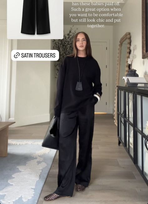 Black Silk Pants Outfit, Black Satin Pants Outfit, Silk Pants Outfit, Satin Pants Outfit, Black Satin Pants, Satin Trousers, Satin Pants, Silk Pants, Look Chic