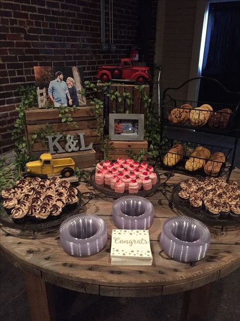 Groomsmen Table Ideas, Grooms Table Food Ideas, Wedding And Grooms Cake Table, Lsu Grooms Table, Western Groom Table, Groom’s Table Ideas, Grooms Dessert Table Ideas, Groom Dessert Table, Western Wedding Rehearsal Dinner