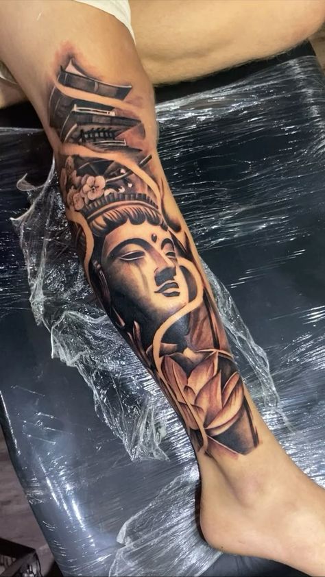 Front Shin Tattoo Men, Buda Tattoo, Wife Tattoo, Shin Tattoo, Doll Tattoo, Buddha Tattoo, Getting A Tattoo, Tattoos For Black Skin, Body Suit Tattoo