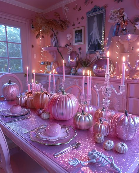 PinkHalloween 💖 #aihorrorrising @aiempirerising @blackwater_ai ( everyone makes fun of me for always buying pink cute Halloween decorations every year but honestly, I love them 😆🤩💖 ) Pink Halloween Decor Living Room, Pink Halloween Aesthetic Decor, Halloween Set Up, Diy Pink Halloween Decor, Girly Halloween Decorations, Halloween Decorations Pink, Halloween Pinups, Pink Halloween Decorations, Hot Pink Halloween