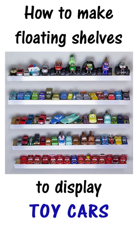 Looking for a unique way to organize and display all the toy cars laying all around your home? This is a simple DIY project that can be finished in an afternoon on a small budget. Perfect for a playroom, or bedroom. Your kids will be excited to put the toys back when they're finished playing. #diycrafts #diydecor #floatingshelves #diyhomedecor #playroom #boybedroom #organization #bhghome #countryliving #diycraftsmagazine #homedepot #disneycars #disneycarsbedroom #organizedlife #getorganized Hot Wheels Shelf Diy, Toy Car Display Diy, Hot Wheels Storage Display, Shelving For Model Cars, Shelf For Monster Trucks, Model Car Display Shelf Kids Rooms, Hot Wheels Shelf, Disney Cars Bedroom, Hot Wheels Diy