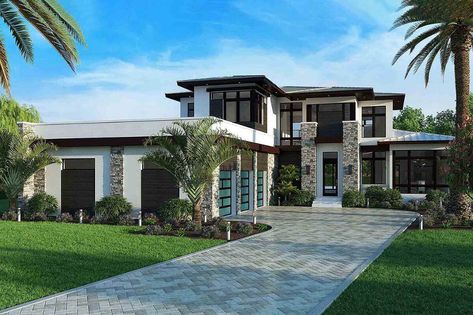 Two-Story 3-Bedroom Luxury Contemporary Home with a Loft (Floor Plan) - Home Stratosphere Parking Courtyard, Covered Lanai, Florida House Plans, Arch Ideas, Exterior Modern, Modern Style House Plans, Contemporary Style Homes, Luxury Contemporary, Contemporary House Plans