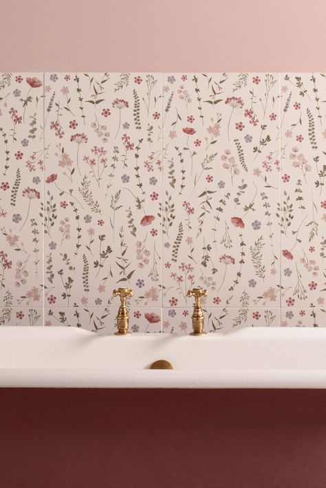 Floral Tile Bathroom, Tiles Ideas, Floral Bathroom, Tiles For Bathroom, Gorgeous Tile, Flower Tile, Perfect Paint Color, Floral Tiles, Large Format Tile