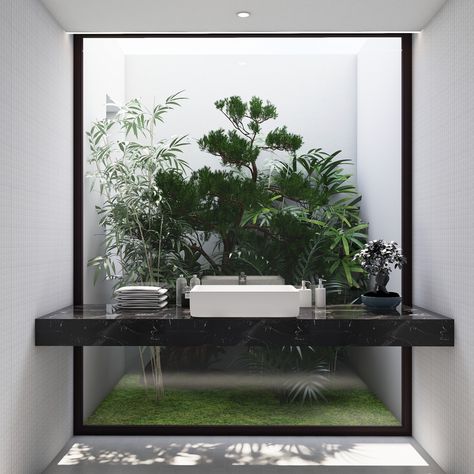 Bathroom With Greenery, Flooring Ideas Marble, Botanical Interior Design, Bathroom Garden, Floor Decoration, Outdoor Bathrooms, Toilet Design, Patio Interior, Bathroom Design Luxury