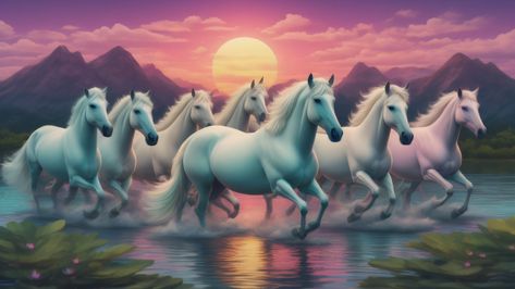 Seven, 7, white horses, running horses, horses, landscape, painting, sun, water, trees, clouds, buy, sell, water lily 7 Horses Running Painting Vastu, 7 Horses Running Painting, Running Horse Wallpaper For Phone, 7 Running Horses, 7 Horses Running Painting Vastu Wallpaper, Seven Horses Painting, Horses Landscape, Horses Images, 7 Horses