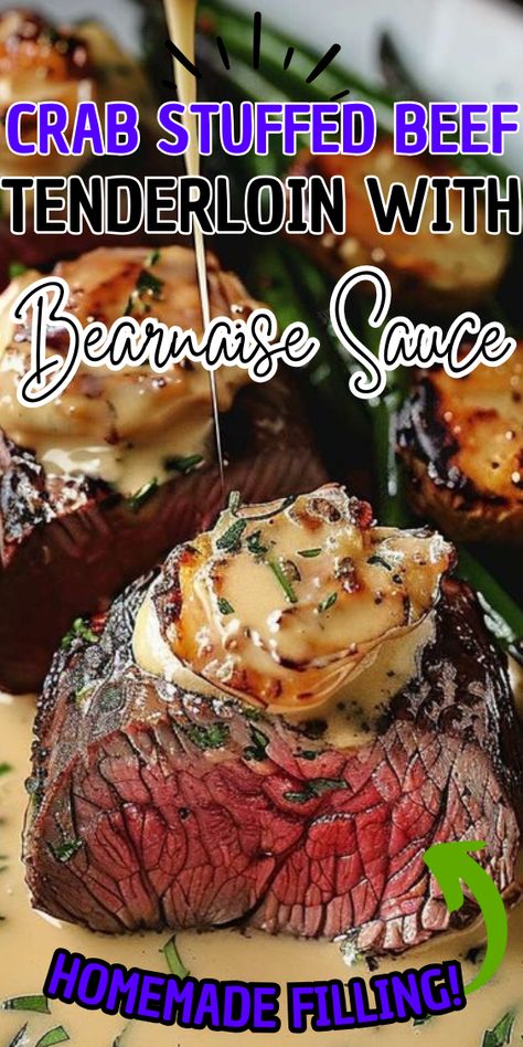 Crab Stuffed Beef Tenderloin with Bearnaise Sauce Crab Stuffed Tenderloin, Crab Stuffed Beef Tenderloin, Stuffed Meat Recipes, Shrimp Butter Sauce, Stuffed Beef Tenderloin, Steak Toppings, Christmas Beef, Bernaise Sauce, Stuffed Beef