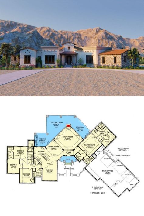 Spanish Ranch House Plans, Colorado Floor Plans, Spanish Style House Plans One Story, Santa Fe Style Homes House Plans, Horseshoe House Plans, Southwest Home Plans, Santa Fe House Style, Mexico House Floor Plan, One Story Hacienda Style Homes