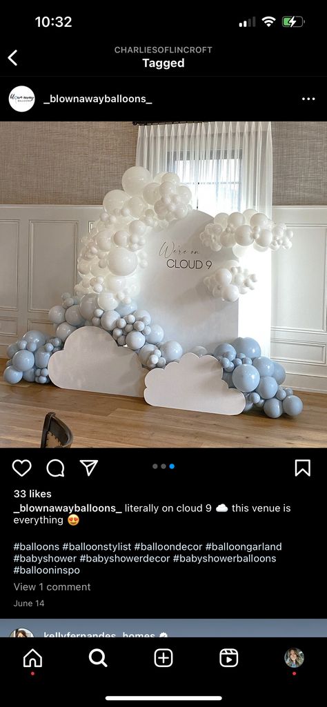 White Cloud Balloon Garland, Cloud 9 Theme Engagement Party, Cloud Theme Balloon Arch, Cloud 9 Balloon Garland, In The Clouds Bridal Shower Theme, Cloud Balloon Backdrop, Balloon Arch Clouds, Cloud Photo Backdrop, Cloud Bridal Shower Ideas