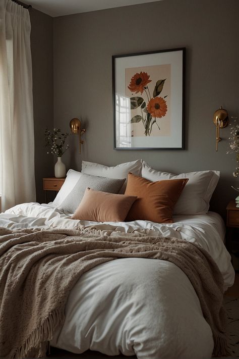 Good Bedroom Color Schemes, Gray And Clay Bedroom, Cozy Serene Bedroom, Comfy Bedroom Ideas For Couples, Cozy Home Aesthetic Bedroom, Cozy Bedroom Couple, Cozy Spare Bedroom Ideas, Guest Room Inspiration Cozy, Gray And Tan Bedroom