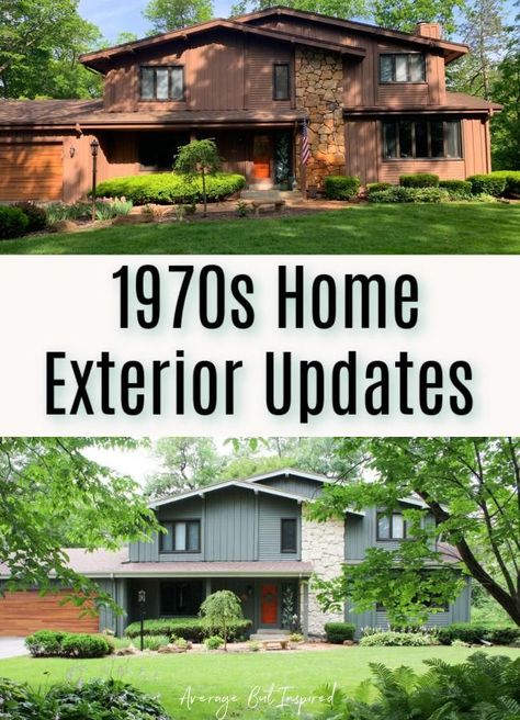 This 1970s home exterior update really brings it out of the dark ages! With moody green paint, limewashed stone, and wood accents, it looks much more updated than it used to. #greenhouseexterior #exteriorpaintcolors #pewtergreen Home Exterior Updates, 1970s House Exterior, Rock House Exterior, 70s Home Exterior, Moody Green Paint, 70s House Exterior, House Exterior Makeover, Exterior Updates, Moody Green