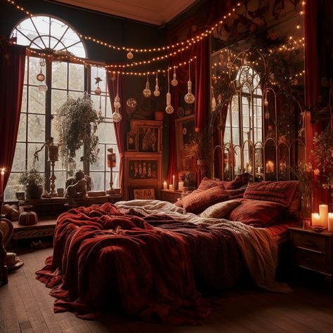 Whimsigothic Maximalism, Whimsigoth Bedframe, Moody Bedroom Curtains & Drapes, Maximalist Decor Ideas, Cozy Witchy Bedroom, Dark Forest Bedroom, Dark Boho Living Room, Goth Bedroom, Dream Bedroom Inspiration