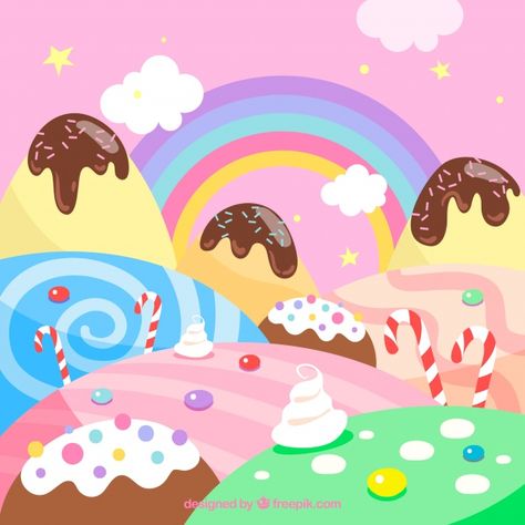 Colorful candy land background in hand drawn style Free Vector | Free Vector #Freepik #vector #freebackground #freefood #freehand #freehand-drawn Candy Land Background, Candy City, Castle Houses, Land Background, Cake Castle, Drawing Backgrounds, Candy Theme Birthday Party, Candy Themed Party, Ice Candy