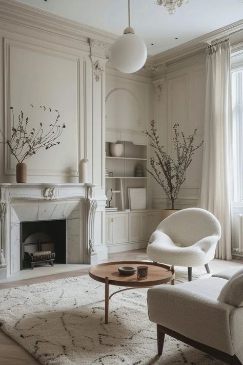 Modern Victorian Lounge, Old Money Interior Design Living Room, Minimalist Victorian Decor, Parisian Living Room Aesthetic, White Victorian Living Room, Modern Victorian Decor Living Room, Victorian Home Interior Design, Modern Victorian Homes Interior Ideas, Contemporary Victorian Interiors