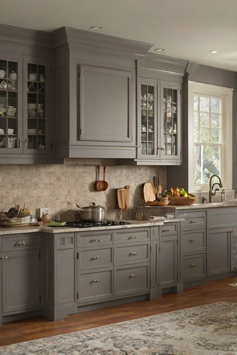 home decor,interior design,designers kitchen,paint color match Cabin Painted Cabinets, Paint Colors With Grey Cabinets, Unique Kitchen Cabinet Colors, Grey Wash Kitchen Cabinets, Best Kitchen Colors 2024, Warm Gray Kitchen Cabinets, Farmhouse Kitchen Cabinets Paint Colors, Kitchen Cabinets Ideas Colors, Kitchen Painted Cabinets