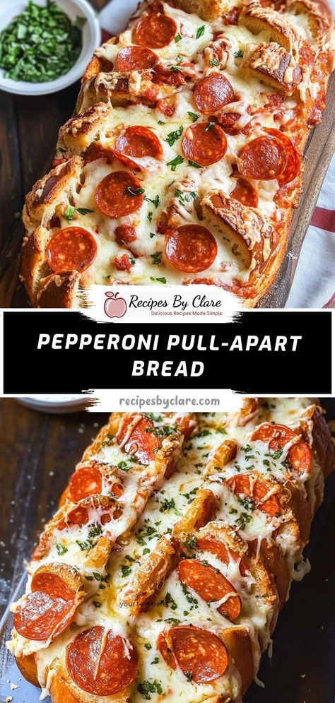 Looking for a crowd-pleasing snack? Try this Savory Pepperoni & Mozzarella Pull-Apart Bread! With layers of gooey cheese and spicy pepperoni, all brushed with a herby garlic butter, it’s the perfect indulgence.

Ingredients:

1 loaf Italian bread (1 lb)
1 cup shredded mozzarella cheese
1/4 cup melted butter
1/2 tsp dried basil
This pull-apart bread is the perfect balance of cheesy, buttery, and spicy flavors! Papa Murphys Cheesy Bread, Savory Bread Casserole, Pioneer Woman Pull Apart Cheese Bread, Pepperoni Stuffed Cheesy Bread, Pepperoni Monkey Bread Pull Apart, Italian Bread Dinner Ideas, Cheese Bread Pull Apart, Pepperoni Pull Apart Bread, Savory Pull Apart Bread