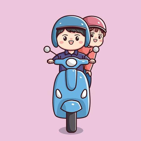 Couple Riders Wallpaper Bike, Couple On Bike Drawing, Riding A Motorcycle Drawing, Cute Drawings Couples, Motor Cartoon, Scooty Art, Friends Cute Cartoon, Couple Cartoon Drawings, Motor Couple