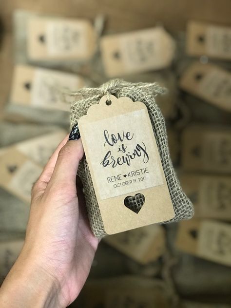 Chocolate covered espresso beans as a wedding favor! #coffee #loveisbrewing Coffee Giveaway Ideas Wedding, Coffee Giveaway Ideas, Coffee Beans Gift Idea, Coffee Souvenir Wedding, Coffee Souvenir, Perfect Blend Coffee Wedding Favors, Wedding Souvenirs Coffee, Coffee Bag Wedding Favors, Coffee Bean Wedding Favors