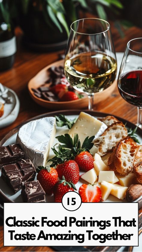 A beautifully arranged plate showcasing classic food pairings, featuring a variety of delicious combinations like cheese and wine, chocolate and strawberries, and bread with olive oil, set on a wooden table. Duo Ideas, Food Pairings, Cozy Night, New Flavour, Classic Food, Taste Buds, Night In, Best Foods, Dinner Party