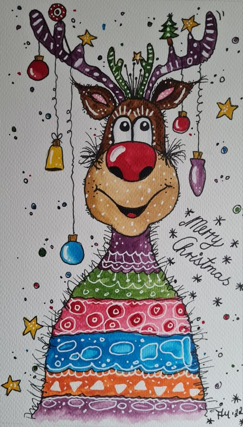 Christmas Whimsical Art, Whimsical Christmas Cards, Happy Painting Weihnachten, Xmas Drawing Ideas, Whimsical Christmas Art, Merry Christmas Drawing, Scrapbook Christmas Cards, Watercolor Christmas Cards Diy, Easy Christmas Drawings