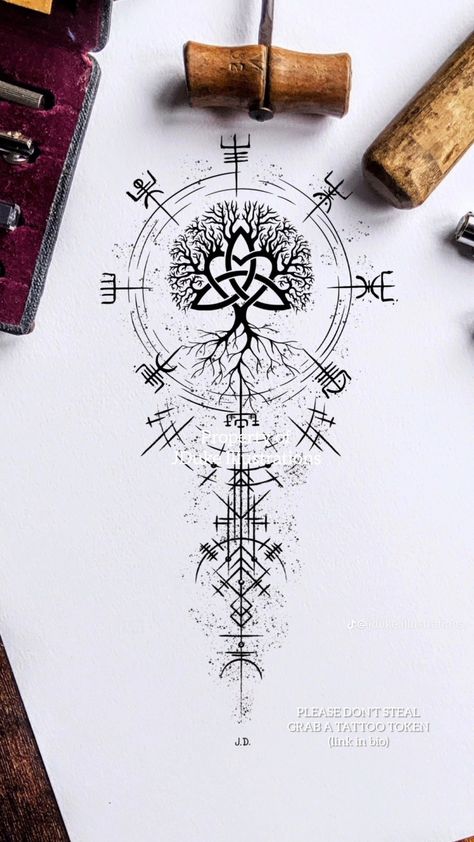 Yggdrasil Tattoo, Viking Compass Tattoo, Artistic Activities, Norse Mythology Tattoo, Viking Tattoo Symbol, Prunus Mume, Rose Shoulder Tattoo, Rune Tattoo, Norse Tattoo