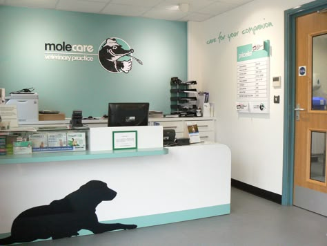 Molecare Veterinary Practice Reception Area Pet Clinic Design, Cat Exam, Storefront Ideas, Pet Store Ideas, Deur Sticker, Hospital Building, Inspirational Office, Lobby Ideas, Dog Grooming Shop