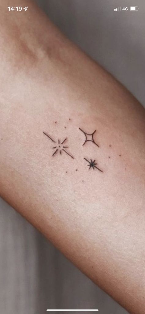 Dainty Tattoos Stars, Family Star Tattoo Ideas, Triple Star Tattoo, 3 Star Tattoos For Women, 3 Sparkles Tattoo, 3 Small Stars Tattoo, Simple Sparkle Tattoo, Small Star Cluster Tattoo, Family Star Tattoo