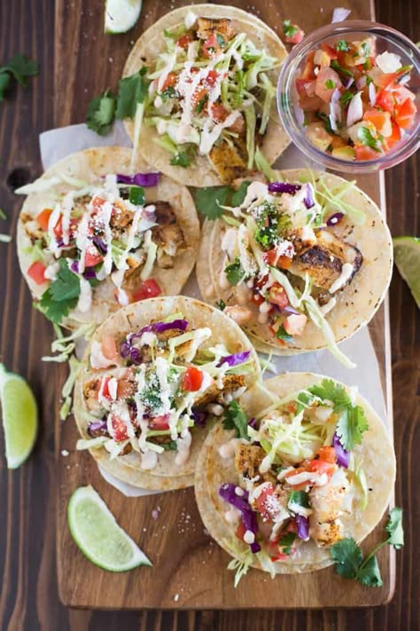 Halibut Fish Tacos, Halibut Tacos, Homemade White Sauce, Healthy Grilled, Grilled Fish Tacos, Grilled Fish Recipes, Grilled Halibut, Grilled Taco, Tastes Better From Scratch