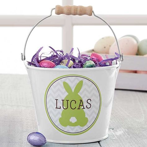 Easter Bunny Personalized Mini Treat Bucket - White Personalized Treat Bags, Treat Bucket, Personalized Easter Gifts, Mini Treats, Bunny Design, Lamb Decorations, H Design, Easter Bunny Decorations, Easter Gift Baskets