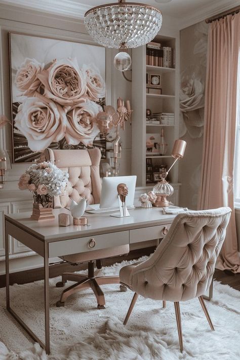 34 Feminine Home Office Ideas to Suit Every Style 88 34 Feminine Home Office Ideas to Suit Every Style Pink White Office, Office Ideas For Work Business Decor, Feminine Home Office Classy, Girly Home Office, Feminine Home Office, Feminine Home Office Ideas, Feminine Home, Elegant Home Office, Fancy Office