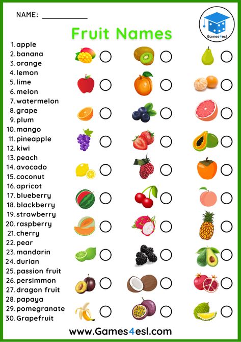 Fruits Vocabulary English, Fruit In English, Fruit Vocabulary English, English Learning Spoken For Kids, English For Beginners For Kids, Fruits Activities For Kids, Fruit Worksheets For Kids, Fruits Worksheets For Kids, Fruit Worksheet