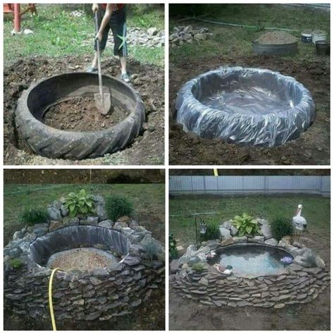 Tire Pond, Taman Air, Diy Pond, Ponds Backyard, Natural Styles, Garden Yard Ideas, Garden Fountains, Garden Bed, Outdoor Fire