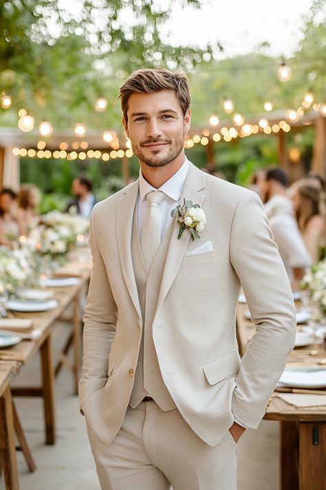 Elevate your wedding style with summer groom outfit inspiration for a dreamy celebration! Discover how the right attire can enhance your wedding's theme and reflect your personality. Save this pin for stunning ideas!  #SummerWedding #GroomOutfit #WeddingStyle #WeddingPlanning #GroomWear #DreamWedding #WeddingInspiration #BridalStyle #GroomFashion #WeddingTrends #SummerCelebration #StylishGroom #WeddingElevated #WeddingIdeas #WeddingDecor Sage Green Wedding Men, Beige Grooms Suit, Cream Groom Suit Wedding, Groom Suits For Wedding Beige, June Wedding Groom Attire, Engagement Suits For Men Groom Style, 2025 Groom Suit, Groom In Tan Suit, Light Groomsmen Suits