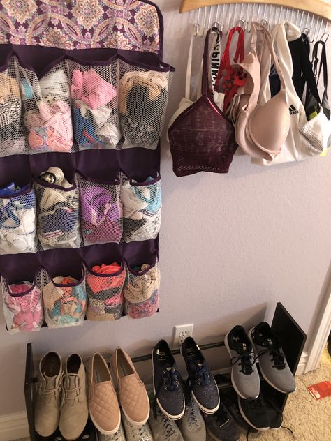 This is an easy way to keep bras underwear organized and  off the floor Pantie Organization Ideas, Sport Bra Organization Ideas, Sock And Underware Storage Ideas Diy, How To Store Bras How To Organize, Store Bras Organizing, Diy Bra Organization, Dress Organization, Pantry Closet Organization, Bra Organization