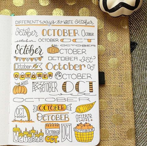 Amazing Fall Bullet Journal Doodles You Must Try! — Joyful Journaler October Written In Different Fonts, October Journal Header, September Title Ideas, October Lettering Bullet Journal, Planner Drawings Ideas, October Headers Bullet Journal, Halloween Bulletin Journal Ideas, October Notebook Ideas, October Font Bullet Journal